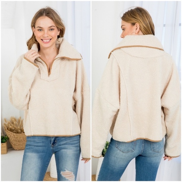 CREAM CONTRAST SHEARLING STYLE OVERSIZED ZIP UP PULLOVER SWEATER - Picture 2 of 12